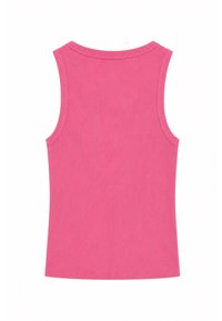 Débardeur côtelé sans manches en rose vif uni, vu de dos, avec une encolure ronde et des larges bretelles.