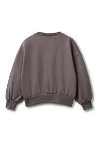 Sweatshirt gris avec un col rond, des épaules tombantes et des poignets froncés. Texture de tissu douce et ourlet élastique pour une coupe décontractée.