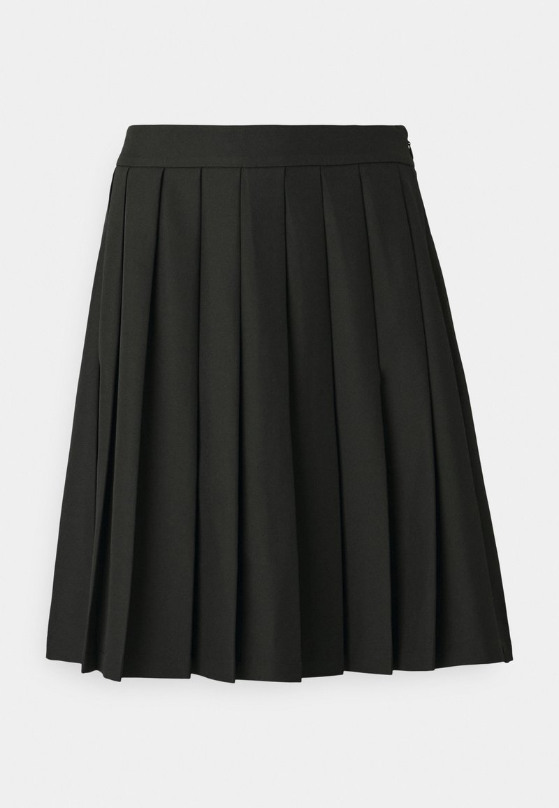 Gonna nera a pieghe con una texture liscia, una vita aderente e un taglio al ginocchio. Caratterizzata da pieghe uniformi e simmetriche su tutta la superficie.