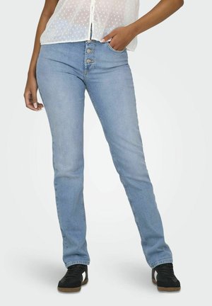 Lichtblauwe denim jeans met een getailleerde pasvorm, een sluiting met vijf knopen, voorzakken en een licht beschadigde textuur.