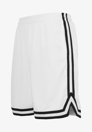 Weiße Sportshorts aus Meshstoff mit schwarzen Seitestreifen und schwarzem Saum. Verfügt über einen dehnbaren Bund für zusätzlichen Komfort.