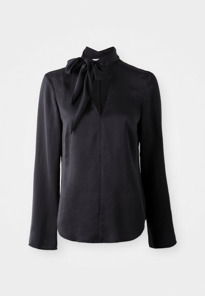 Black long-sleeve blouse in smooth fabric with a V-neck and a tied collar detail. Features straight cut and subtle stitching accents.