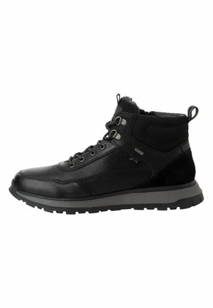 Botas de senderismo negras que combinan material de cuero y malla, con un cuello acolchado en el tobillo y una suela de goma duradera.