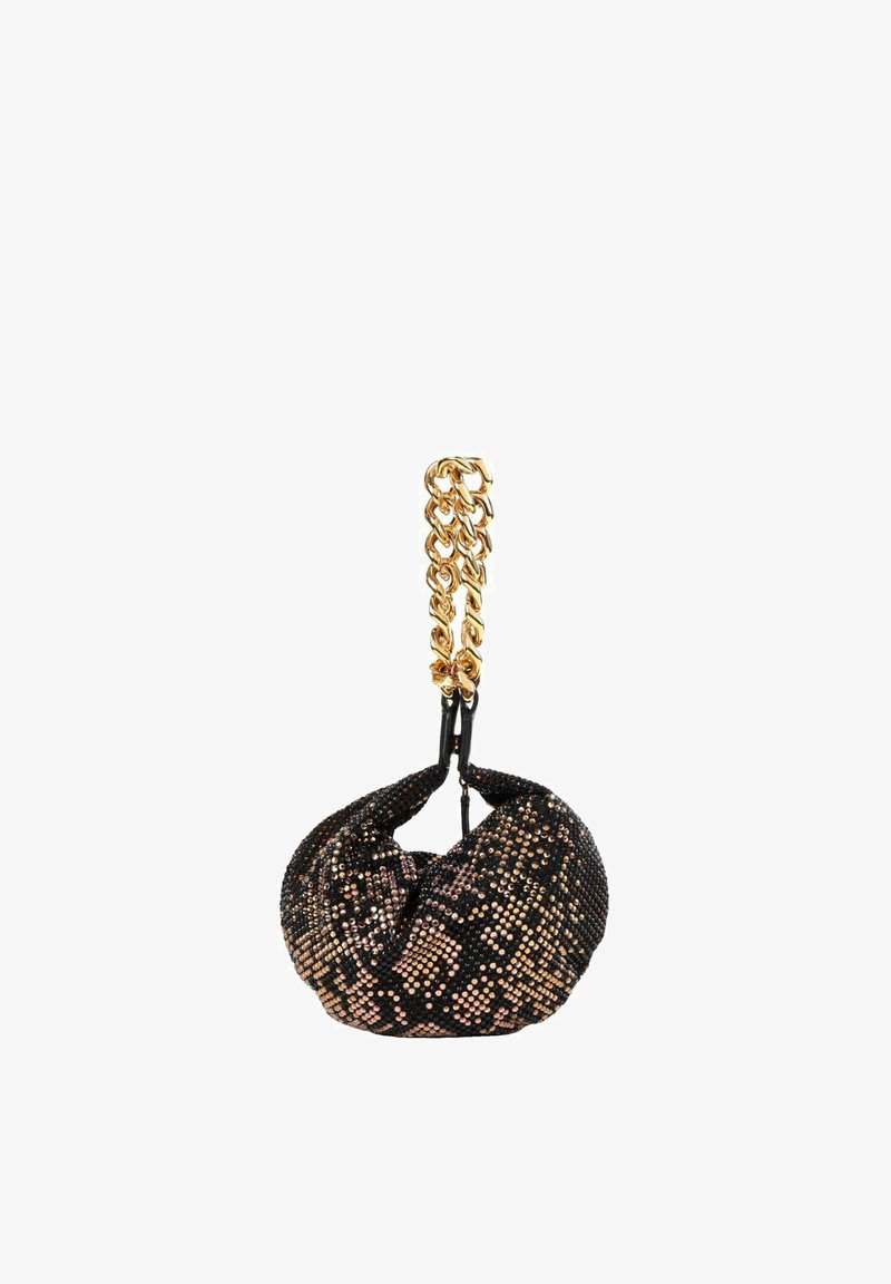 Sac à main noir et or à sequins avec une forme douce et froncée et une poignée chaîne épaisse et brillante dorée.