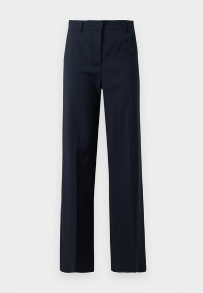 Pantalones de pierna ancha en navy con frente plano, fabricados con tela suave. Cuenta con presillas para cinturón y un diseño limpio sin bolsillos ni adornos.