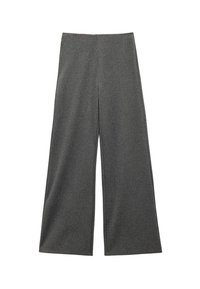 Grijze, wijde broek met verticale streepjes. Gemaakt van zachte stof, met een hoge taille en een vloeiende silhouet zonder versieringen.