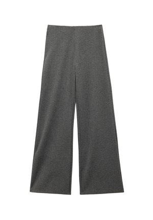 Graue, weit geschnittene Hosen mit vertikalen Nadelstreifen. Hergestellt aus weichem Stoff, mit hoher Taille und fließender Silhouette ohne Verzierungen.