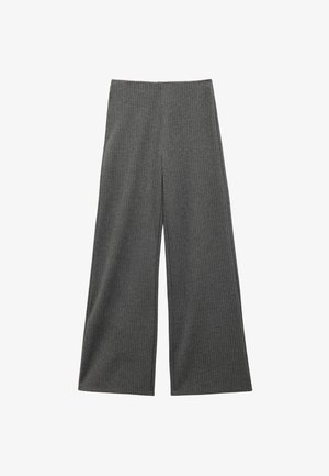 Graue, weit geschnittene Hosen mit vertikalen Nadelstreifen. Hergestellt aus weichem Stoff, mit hoher Taille und fließender Silhouette ohne Verzierungen.