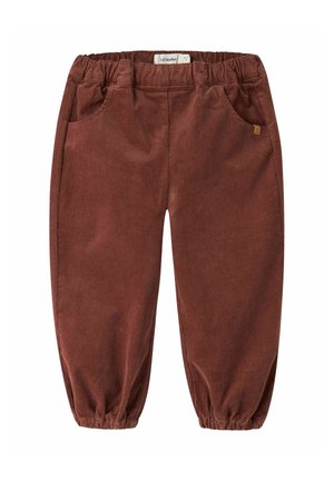 Pantalon en velours côtelé marron pour tout-petit avec taille et chevilles élastiques, poches avant et une petite étiquette de marque en tissu sur la poche latérale droite.