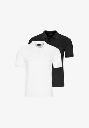 Zwei kurzärmlige Poloshirts, eines weiß und eines schwarz, jeweils mit Kragen, drei Knöpfen und einer Brusttasche.