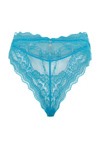 Turquoise Spitzenunterwäsche mit floralem Design, gewellten Kanten und einem kleinen Frontverschluss. weiche, durchsichtige Textur mit filigranen Details.