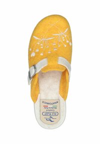 Yellow felt slip-on slipper with white floral embroidery, adjustable gray strap with a metal buckle, and soft white inner lining.
