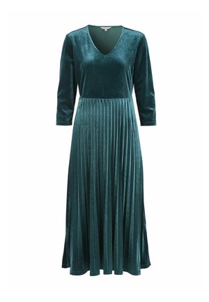 Tiefteal Samtkleid mit V-Ausschnitt, langen Ärmeln und einem plissierten Rock. Der Stoff hat eine glatte, weiche Textur und ein fließendes Design.