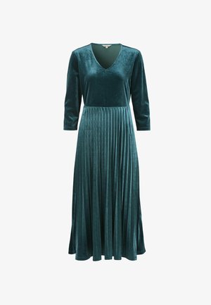 Tiefteal Samtkleid mit V-Ausschnitt, langen Ärmeln und einem plissierten Rock. Der Stoff hat eine glatte, weiche Textur und ein fließendes Design.