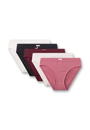 Vijf paar vrouwen katoen onderbroeken in roze, wit, zwart, kastanjebruin en grijs, met elastische taillebanden en kleine strikjes aan de voorkant.