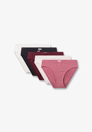 Fünf Paare Damen-Baumwollunterhosen in Pink, Weiß, Schwarz, Kastanienbraun und Grau, mit elastischen Taillenbünden und kleinen Schleifen vorne.