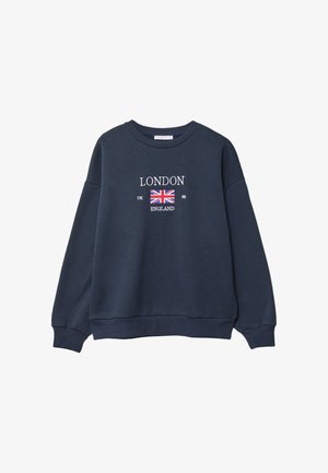 Granatowa bluza z nadrukiem "LONDON", flagą Wielkiej Brytanii, "UK 98" i "ENGLAND" na przodzie, z długimi rękawami i ściągaczami na mankietach.