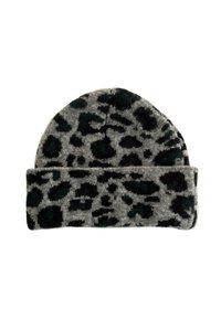 Gorro gris con un estampado de leopardo en verde oscuro y negro. Hecho de una tela suave y texturizada con un diseño de puño doblado.