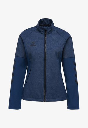 Navy blue zip-up jacket with a textured finish, high collar, black logo, and striped accents on the sleeves. Tailored fit.