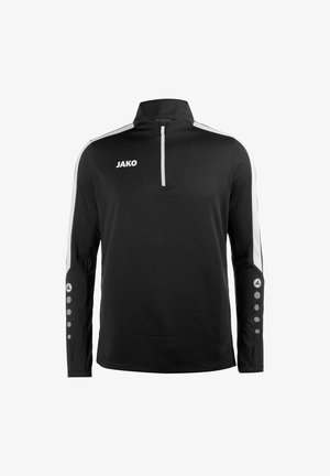 Pullover atletico nero con colletto a metà zip, dettagli laterali bianchi, dettagli riflettenti e logo JAKO sul petto. Maniche lunghe con dettagli a bottoni.