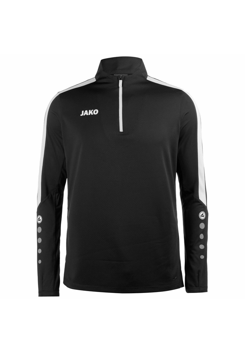 Zwarte sportpullover met een halversteek kraag, witte zijaccenten, reflecterende details en het JAKO-logo op de borst. Lange mouwen met knoopdetails.