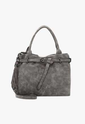 Grijze handtas van geperforeerd suede met een strakke uitstraling, lange handvatten, een verstelbare schouderband en een decoratieve franjerand.