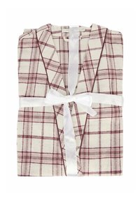 Geruite badjas in roomkleur en bordeaux, gemaakt van zachte stof. Voorzien van een sjawlkragen en een witte satijnen strik in de taille.