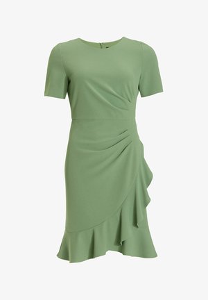 Grünes Kleid aus glattem Stoff, mit rundem Ausschnitt, kurzen Ärmeln und einem gerafften Rock mit seitlichen Lagen.