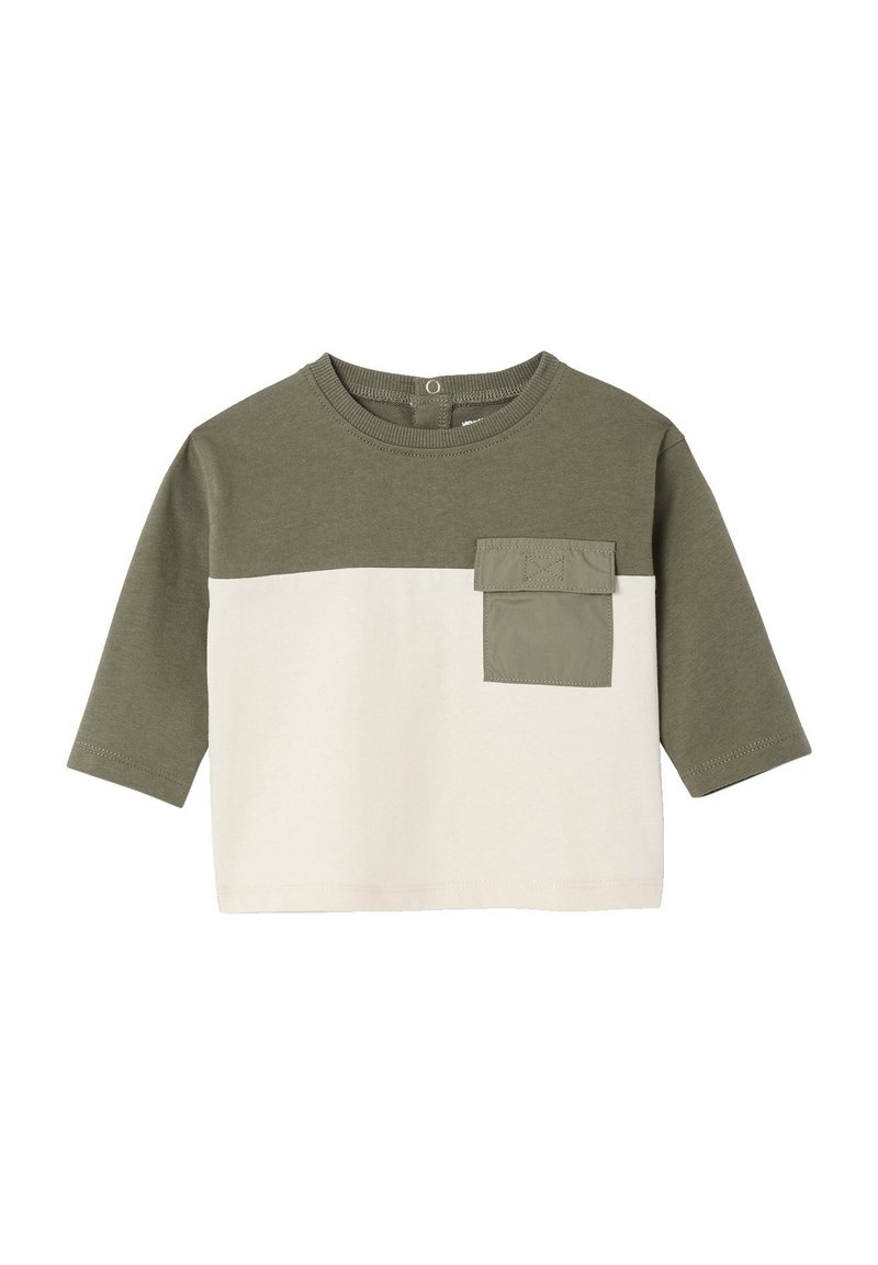 Olivegrün und cremefarbener farbblockierter Langarm-T-Shirt mit einer vorderen aufgesetzten Tasche, aus weichem Baumwollmaterial. Abgerundeter Ausschnitt.