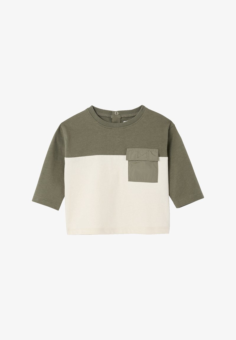Olivegrün und cremefarbener farbblockierter Langarm-T-Shirt mit einer vorderen aufgesetzten Tasche, aus weichem Baumwollmaterial. Abgerundeter Ausschnitt.