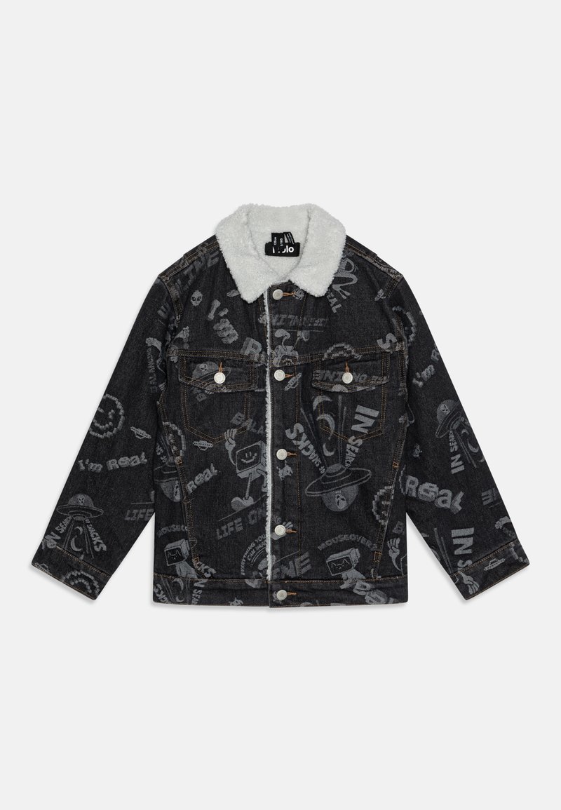 Svart denimjacka med krage i vit päls, prydd med graffitistil-mönster. Inkluderar metallknappar och bröstfickor.
