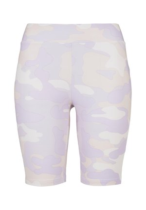 Lilac and cream camo-patterned biker shorts made of stretchy, smooth fabric. Mid-rise waistband; fitted design with knee-length cut.