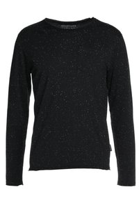 Czarna koszulka z długim rękawem w nakrapiany wzór, z okrągłym dekoltem i kieszonką z przodu. Wykonana z miękkiego, lekkiego materiału, o luźnym kroju.