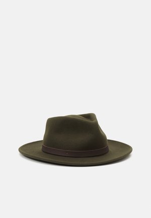 Olive green felt hat with a wide brim and a dark brown band. Features a textured surface and a slightly pinched crown design.