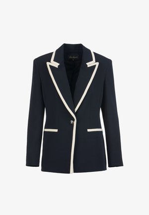 Tengerészkék zakó fehér hajtókával és élvonaljal, egygombos lezárás, strukturált forma, két elülső zseb, sima anyagból készült.