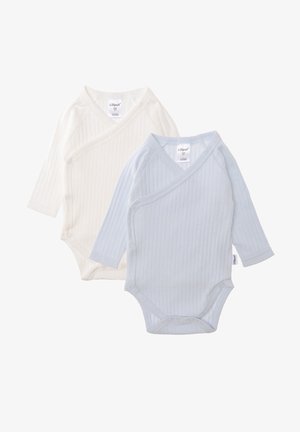 Two long-sleeve bodysuits: one in white, one in light blue. Made from ribbed fabric with snap closure, featuring wrap-around design.