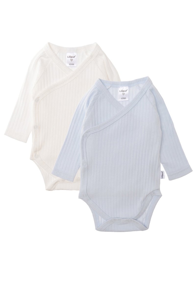 Two long-sleeve bodysuits: one in white, one in light blue. Made from ribbed fabric with snap closure, featuring wrap-around design.