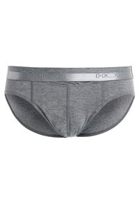 Slip grigi maschili con una texture liscia, dotati di un elastico grigio lucido con il logo "HOM". Design semplice senza ulteriori motivi.