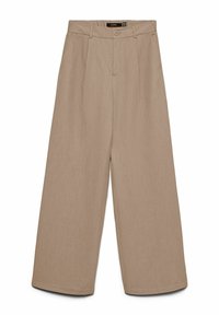 Pantalon beige à jambes larges avec passants de ceinture, bouton frontal, fermeture éclair dissimulée et plis sous la ceinture.