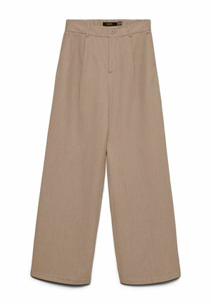 Pantalon beige à jambes larges avec passants de ceinture, bouton frontal, fermeture éclair dissimulée et plis sous la ceinture.