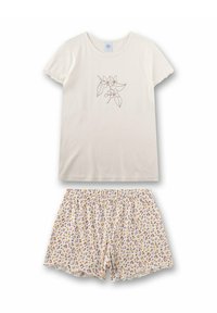 Kurzärmeliges cremefarbenes Oberteil mit floraler Linienzeichnung und gemusterte Shorts in Weiß mit mehrfarbigen Blumen. Weicher, leichter Stoff.