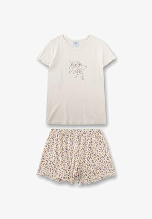 Kurzärmeliges cremefarbenes Oberteil mit floraler Linienzeichnung und gemusterte Shorts in Weiß mit mehrfarbigen Blumen. Weicher, leichter Stoff.