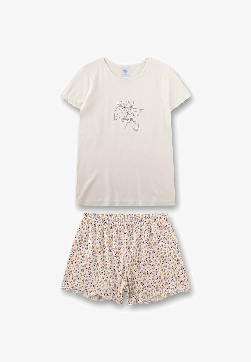 Kurzärmeliges cremefarbenes Oberteil mit floraler Linienzeichnung und gemusterte Shorts in Weiß mit mehrfarbigen Blumen. Weicher, leichter Stoff.