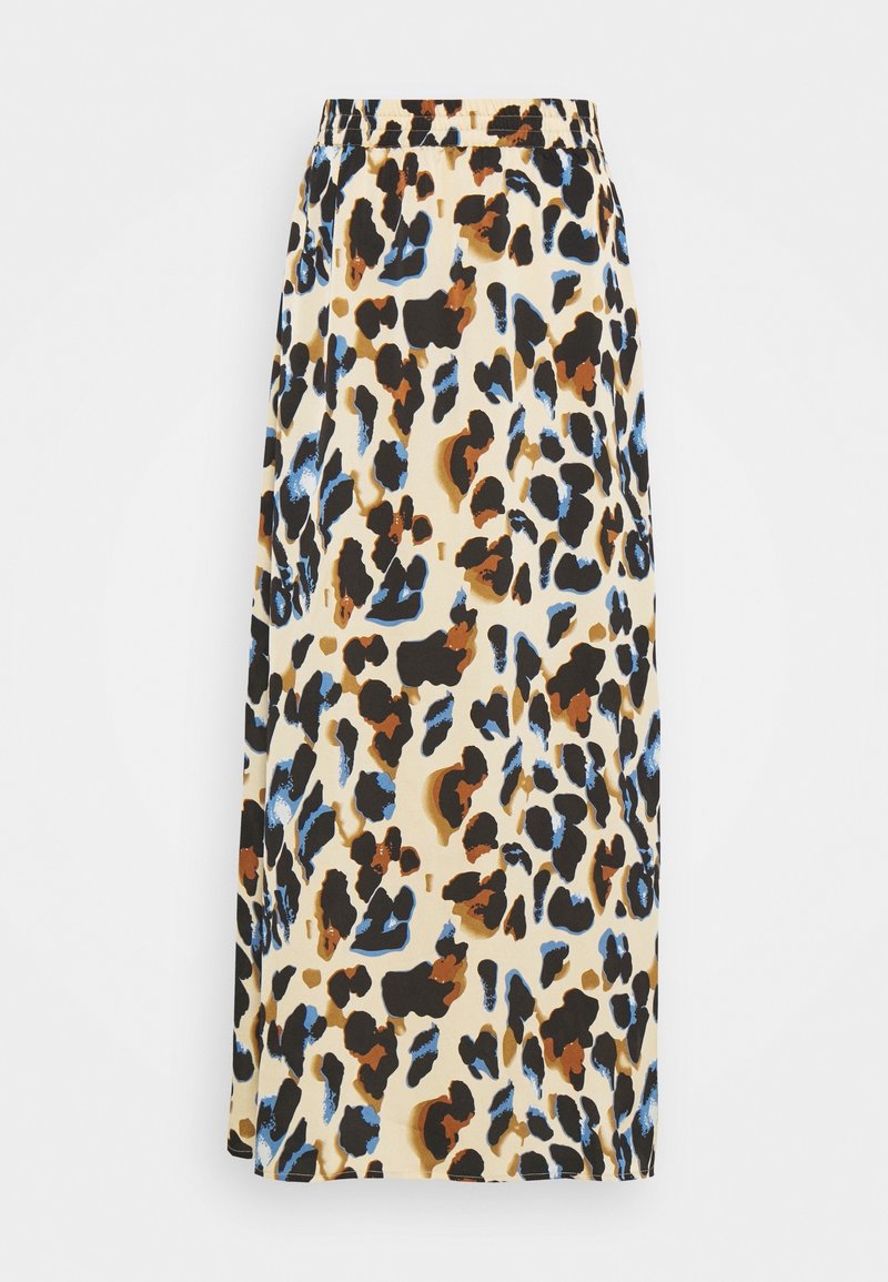 Jupe midi avec taille élastique présentant un imprimé léopard multicolore en noir, marron, bleu et beige sur un fond clair.