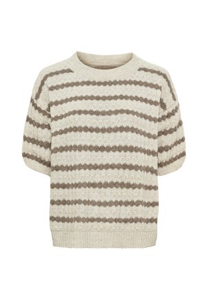 Kortærmet strikket sweater med beige og taupe horisontale striber og en rund halsudskæring, vist på en hvid baggrund.