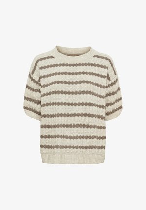 Kortærmet strikket sweater med beige og taupe horisontale striber og en rund halsudskæring, vist på en hvid baggrund.