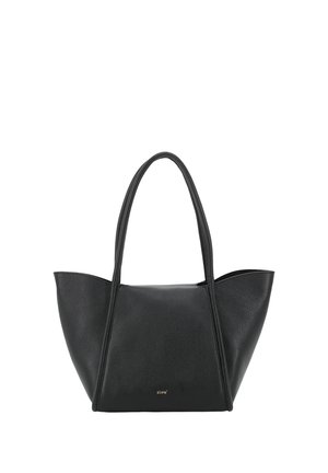 Black textured leather tote bag with two long handles and a small gold logo on the front center.