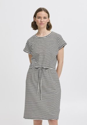 Gestreiftes Jersey-Kleid in Schwarz und Weiß mit kurzen Ärmeln, tailliertem Bund mit Kordelzug und knielanger Silhouette.