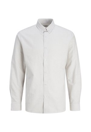 Camisa de botones en gris claro con finas rayas blancas. Mangas largas, cuello estándar y un dobladillo recto con un ajuste relajado. Diseño clásico.