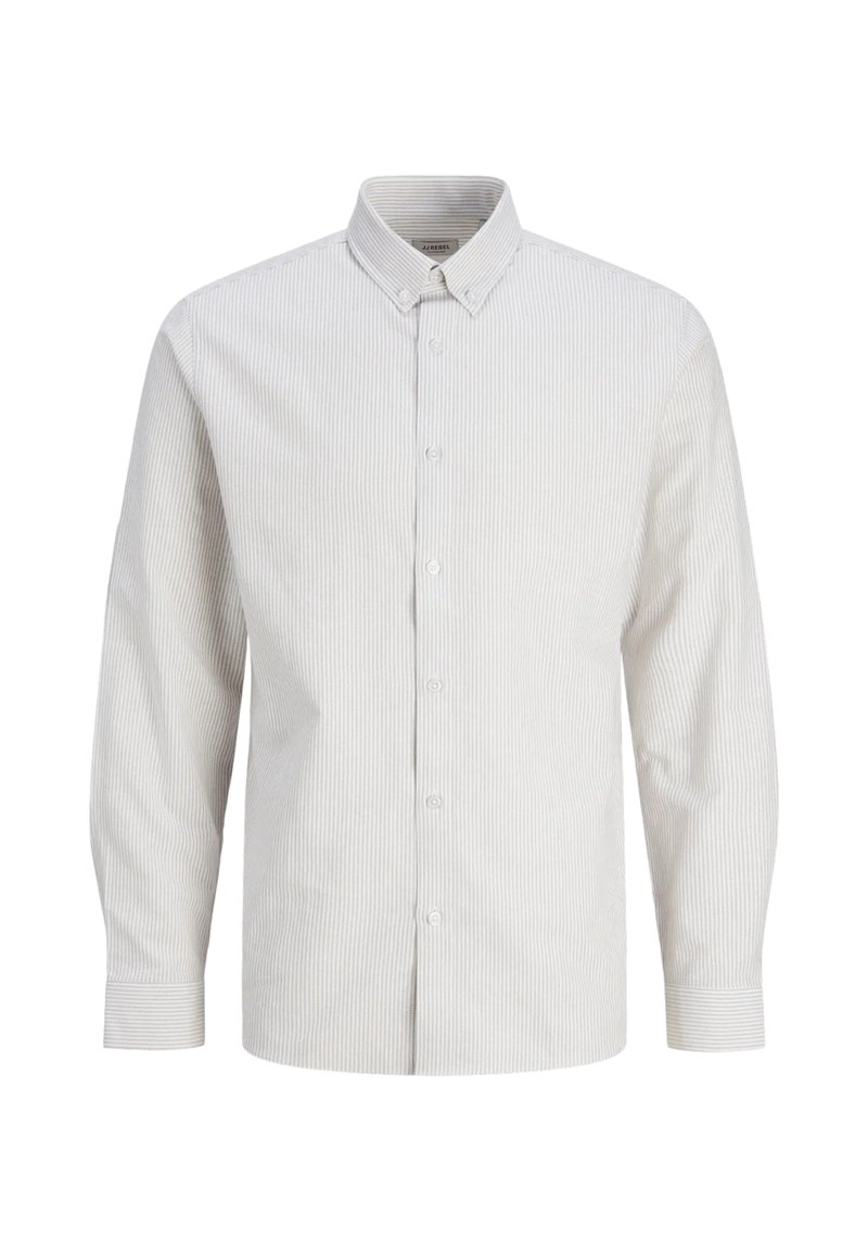 Camisa de botones en gris claro con finas rayas blancas. Mangas largas, cuello estándar y un dobladillo recto con un ajuste relajado. Diseño clásico.